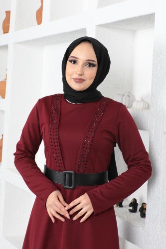 Modaebva - Kalın Kemerli Taş Detaylı Tesettür Elbise-3122 Bordo (1)