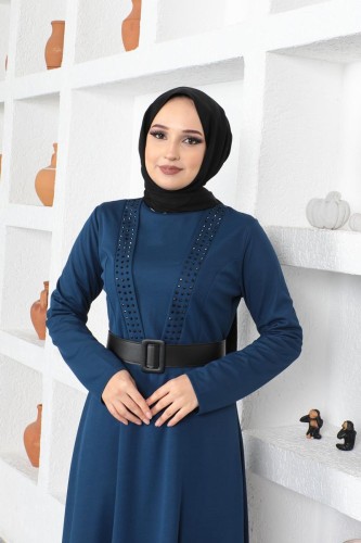 Modaebva - Kalın Kemerli Taş Detaylı Tesettür Elbise-3122 İndigo (1)