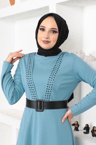 Modaebva - Kalın Kemerli Taş Detaylı Tesettür Elbise-3122 Mintyeşili (1)