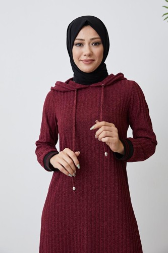 Modaebva - Kapşonlu Düz Tesettür Elbise-3056 Bordo (1)