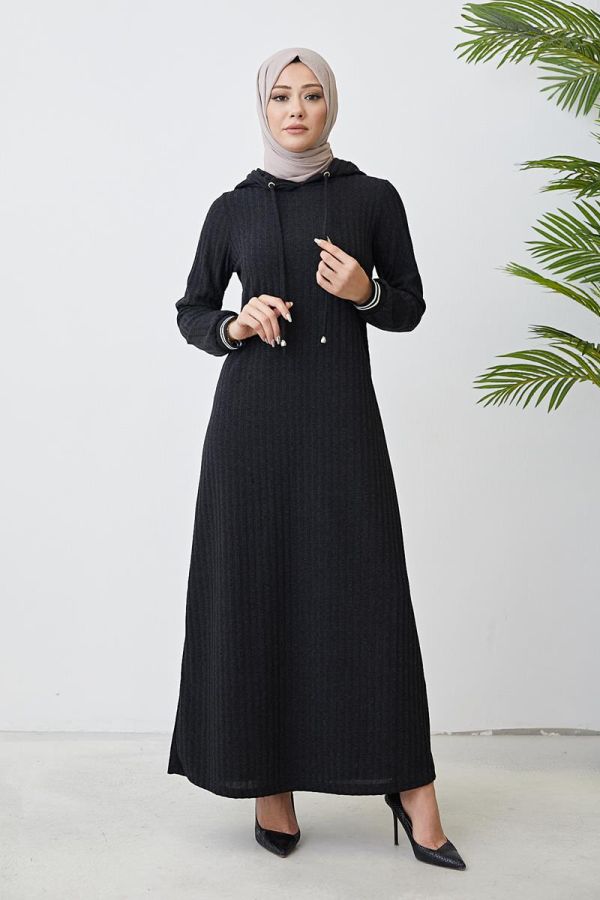 Kapşonlu Düz Tesettür Elbise-3056 Siyah