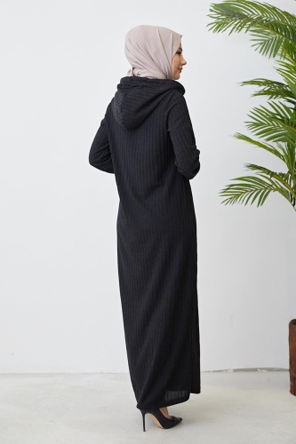 Kapşonlu Düz Tesettür Elbise-3056 Siyah - Thumbnail
