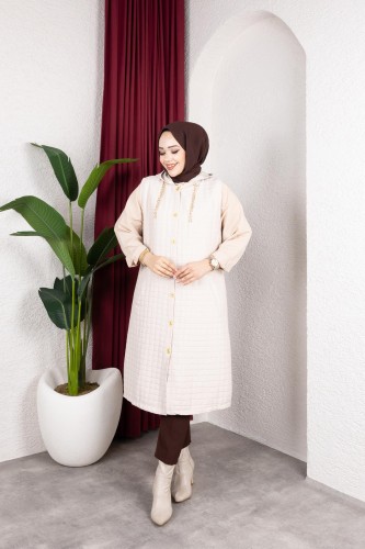 Modaebva - Kapşonlu Kapitone Yelek-5080 Bej