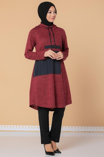 Modaebva - Kapşonlu Yumoş Tunik- 3022 Bordo