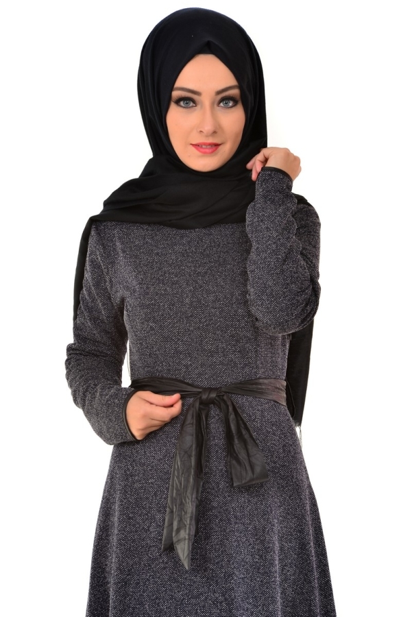 Karyağdı Kumaş Deri Kemerli Elbise Lacivert-4068