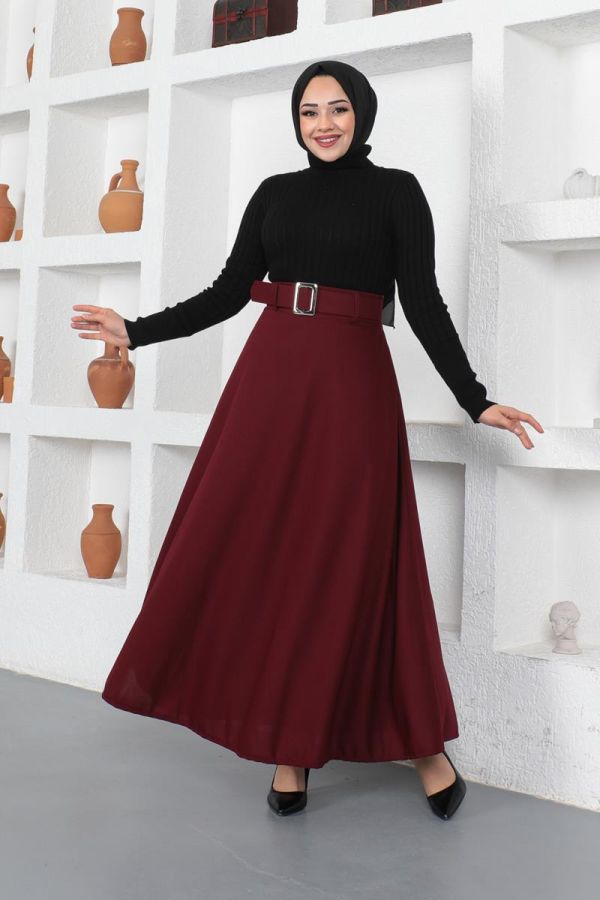 Kemerli Kloş Etek-3078 Bordo