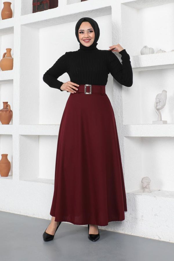 Kemerli Kloş Etek-3078 Bordo