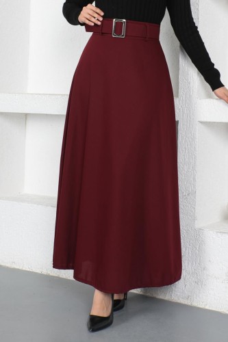 Modaebva - Kemerli Kloş Etek-3078 Bordo (1)