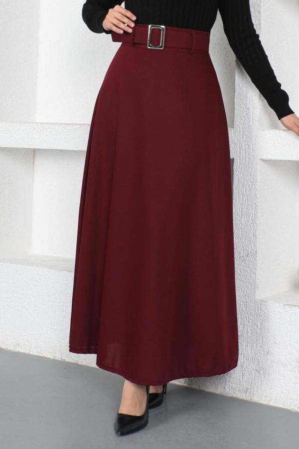 Kemerli Kloş Etek-3078 Bordo