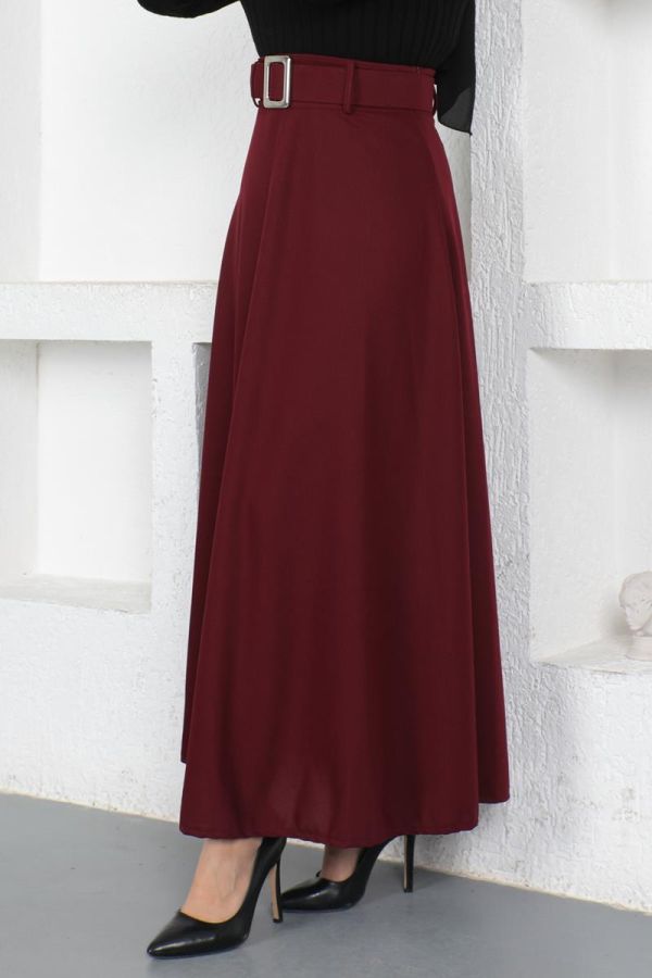 Kemerli Kloş Etek-3078 Bordo