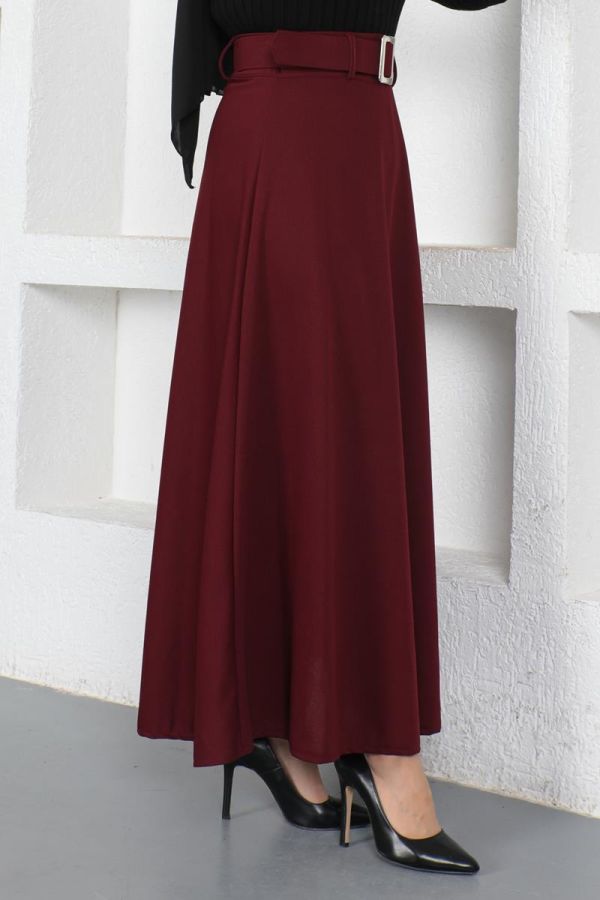 Kemerli Kloş Etek-3078 Bordo