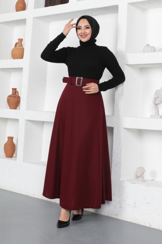 Modaebva - Kemerli Kloş Etek-3078 Bordo