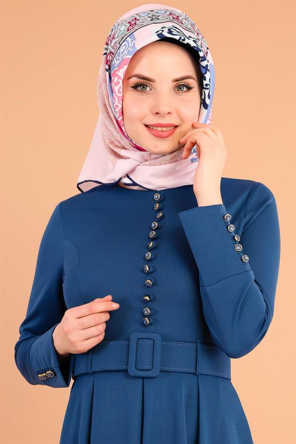 Kemerli Pileli Elbise-3539İndigo