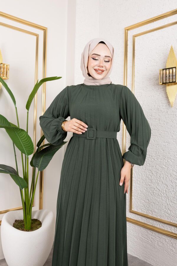 Kemerli Pliseli Tesettür Elbise-3042 Haki yeşili - 3