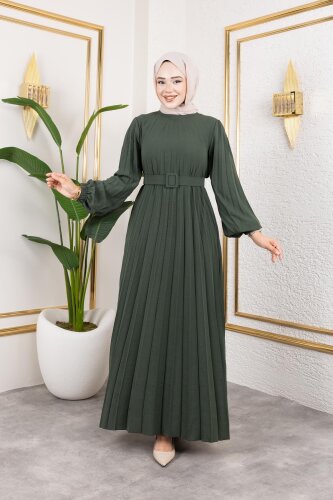 Kemerli Pliseli Tesettür Elbise-3042 Haki yeşili - Modaebva