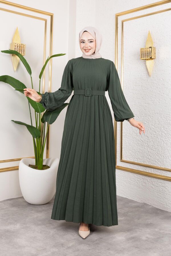 Kemerli Pliseli Tesettür Elbise-3042 Haki yeşili - 1