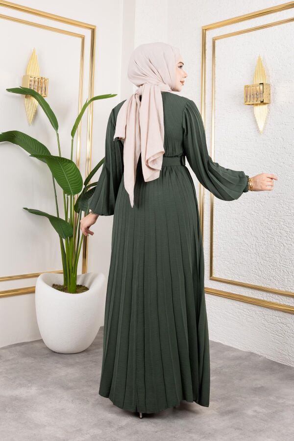 Kemerli Pliseli Tesettür Elbise-3042 Haki yeşili - 6