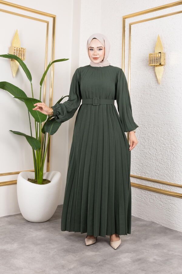 Kemerli Pliseli Tesettür Elbise-3042 Haki yeşili - 4