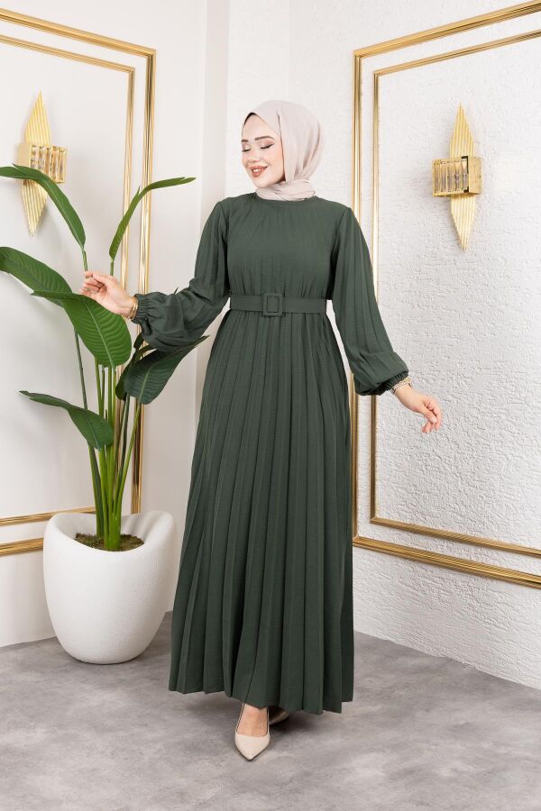 Kemerli Pliseli Tesettür Elbise-3042 Haki yeşili - 5