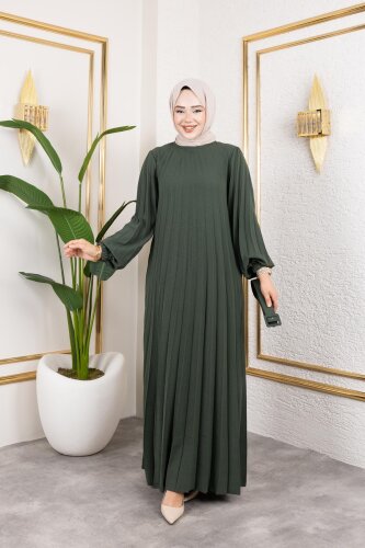 Kemerli Pliseli Tesettür Elbise-3042 Haki yeşili - Modaebva (1)