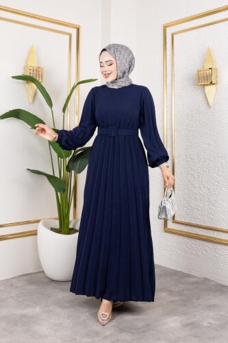Kemerli Pliseli Tesettür Elbise-3042 Lacivert - 4