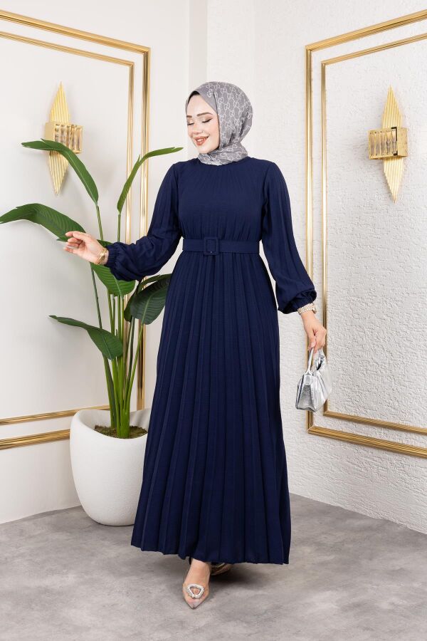 Kemerli Pliseli Tesettür Elbise-3042 Lacivert - 4