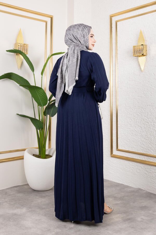 Kemerli Pliseli Tesettür Elbise-3042 Lacivert - 5