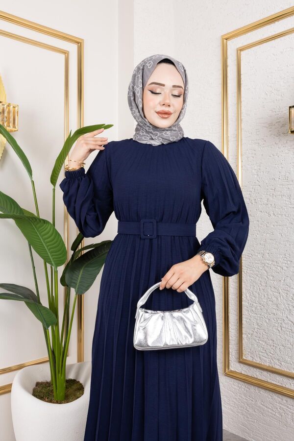 Kemerli Pliseli Tesettür Elbise-3042 Lacivert - 3