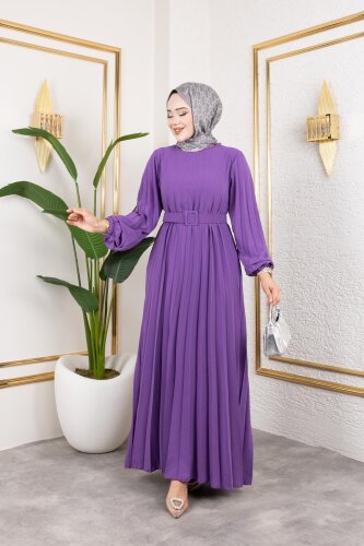 Kemerli Pliseli Tesettür Elbise-3042 Lila - Modaebva