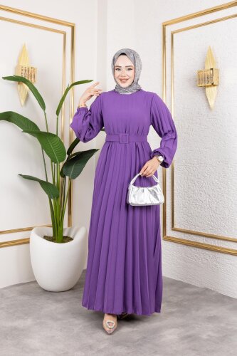 Kemerli Pliseli Tesettür Elbise-3042 Lila - 4