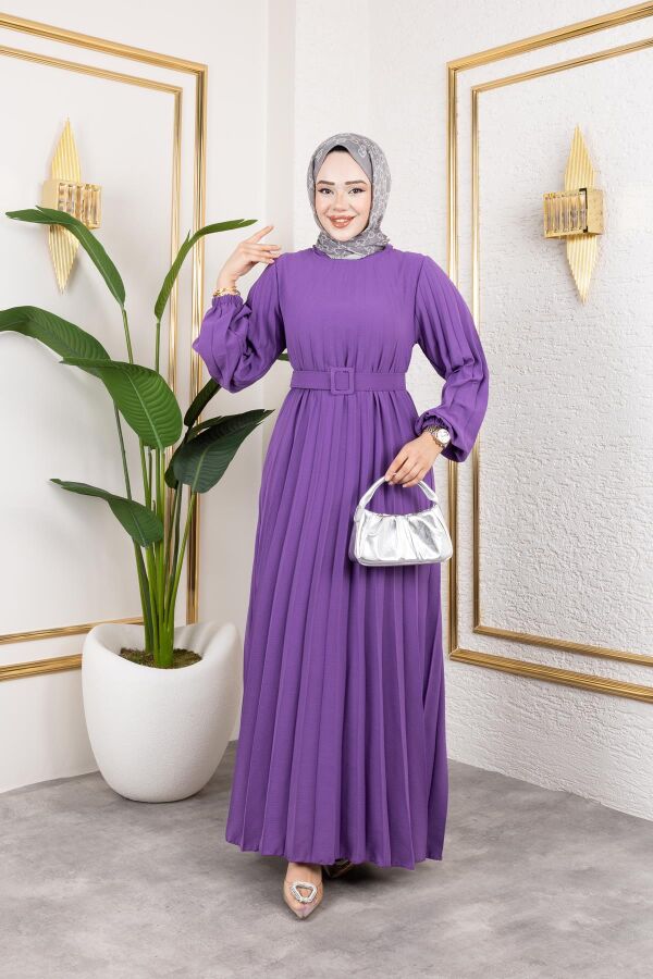 Kemerli Pliseli Tesettür Elbise-3042 Lila - 4