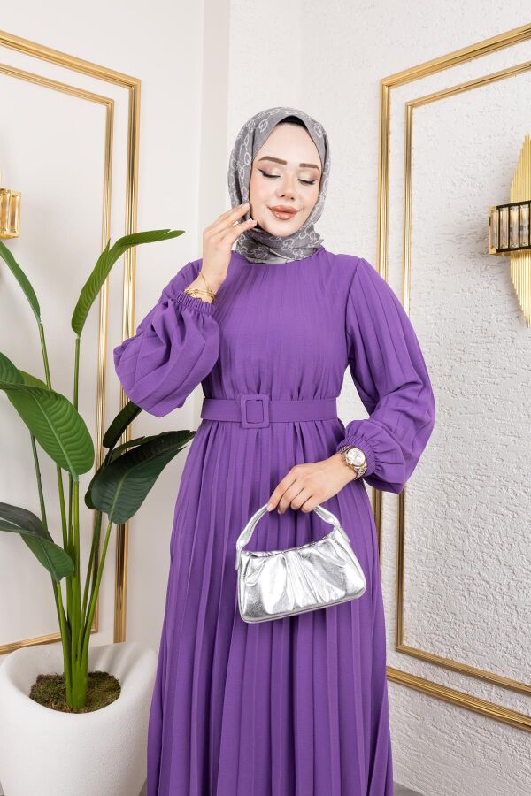 Kemerli Pliseli Tesettür Elbise-3042 Lila - 3