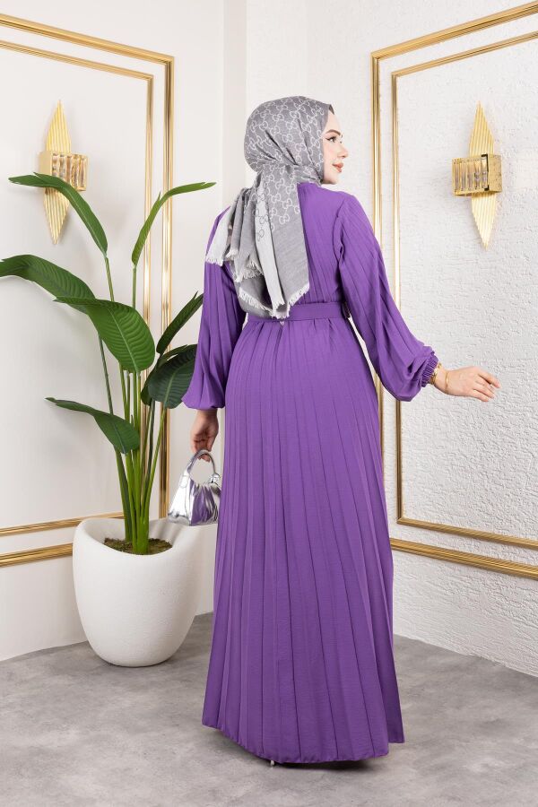 Kemerli Pliseli Tesettür Elbise-3042 Lila - 6