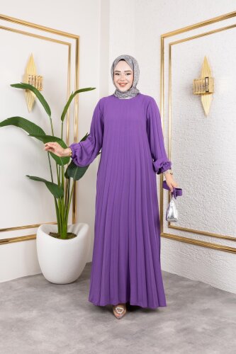 Kemerli Pliseli Tesettür Elbise-3042 Lila - 5