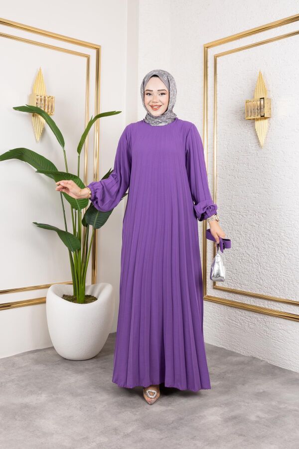 Kemerli Pliseli Tesettür Elbise-3042 Lila - 5