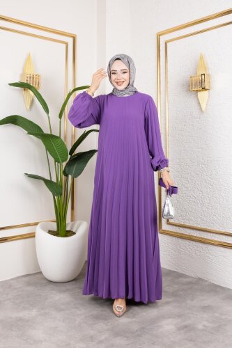 Kemerli Pliseli Tesettür Elbise-3042 Lila - Modaebva (1)