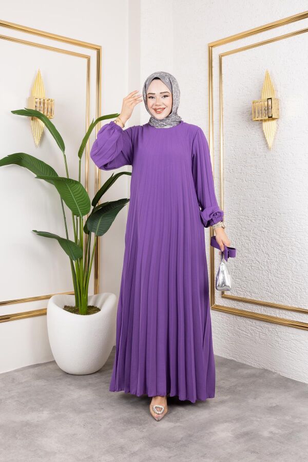Kemerli Pliseli Tesettür Elbise-3042 Lila - 2