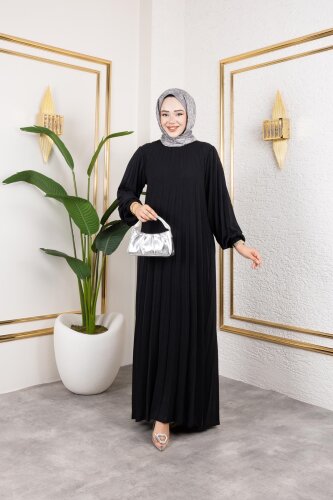 Kemerli Pliseli Tesettür Elbise-3042 Siyah - Modaebva (1)