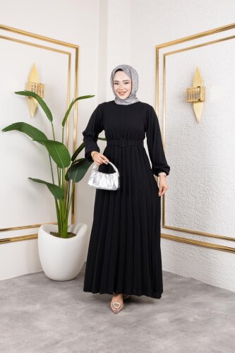 Kemerli Pliseli Tesettür Elbise-3042 Siyah - 5