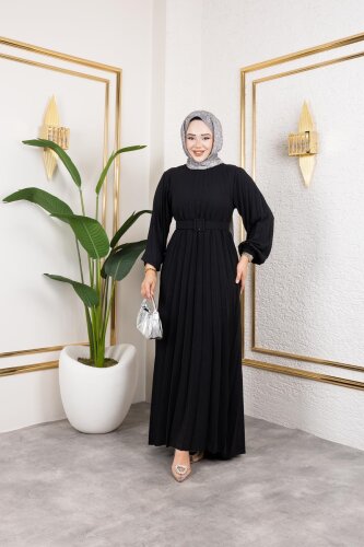 Kemerli Pliseli Tesettür Elbise-3042 Siyah - Modaebva