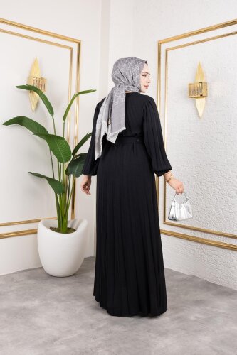 Kemerli Pliseli Tesettür Elbise-3042 Siyah - 6