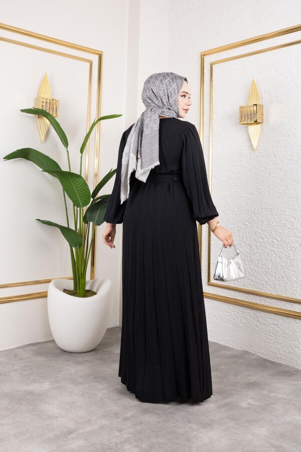 Kemerli Pliseli Tesettür Elbise-3042 Siyah - 6