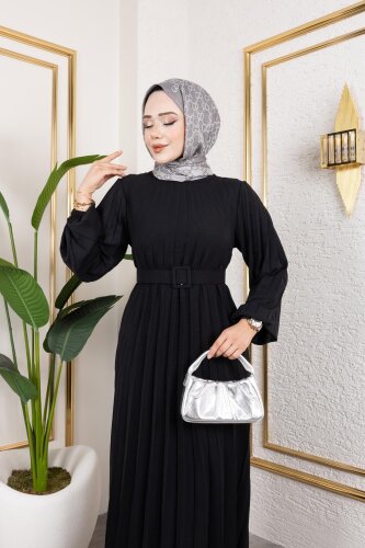 Kemerli Pliseli Tesettür Elbise-3042 Siyah - 4