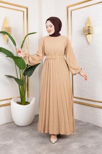 Kemerli Pliseli Tesettür Elbise-3042 Vizon - Modaebva