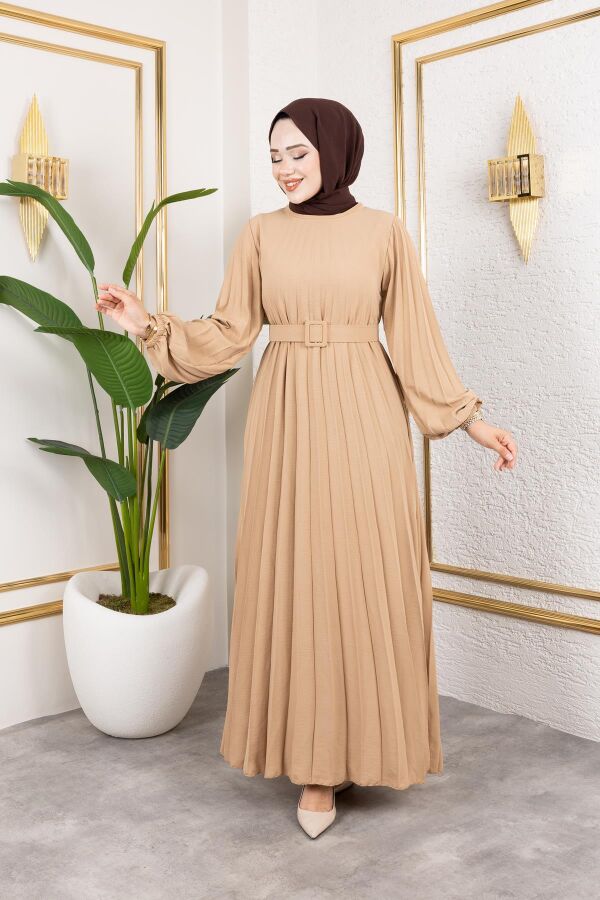 Kemerli Pliseli Tesettür Elbise-3042 Vizon - 1