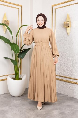 Kemerli Pliseli Tesettür Elbise-3042 Vizon - 4