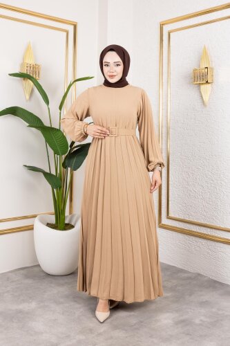 Kemerli Pliseli Tesettür Elbise-3042 Vizon - 5