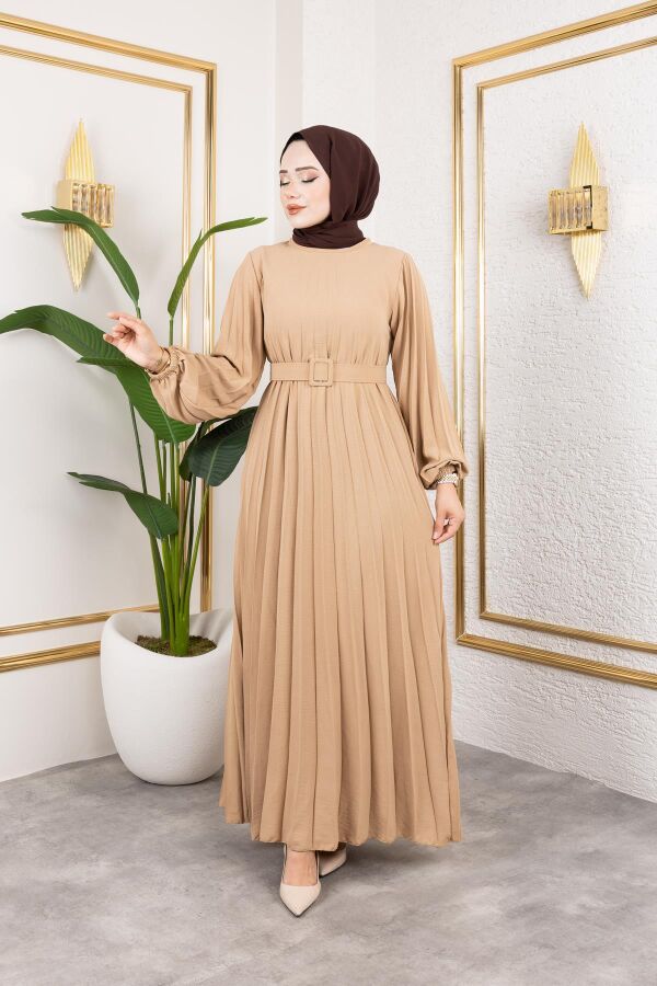 Kemerli Pliseli Tesettür Elbise-3042 Vizon - 6