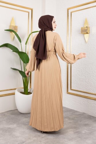 Kemerli Pliseli Tesettür Elbise-3042 Vizon - 7