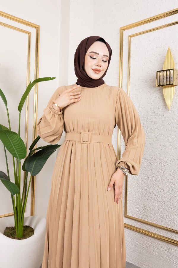 Kemerli Pliseli Tesettür Elbise-3042 Vizon - 3